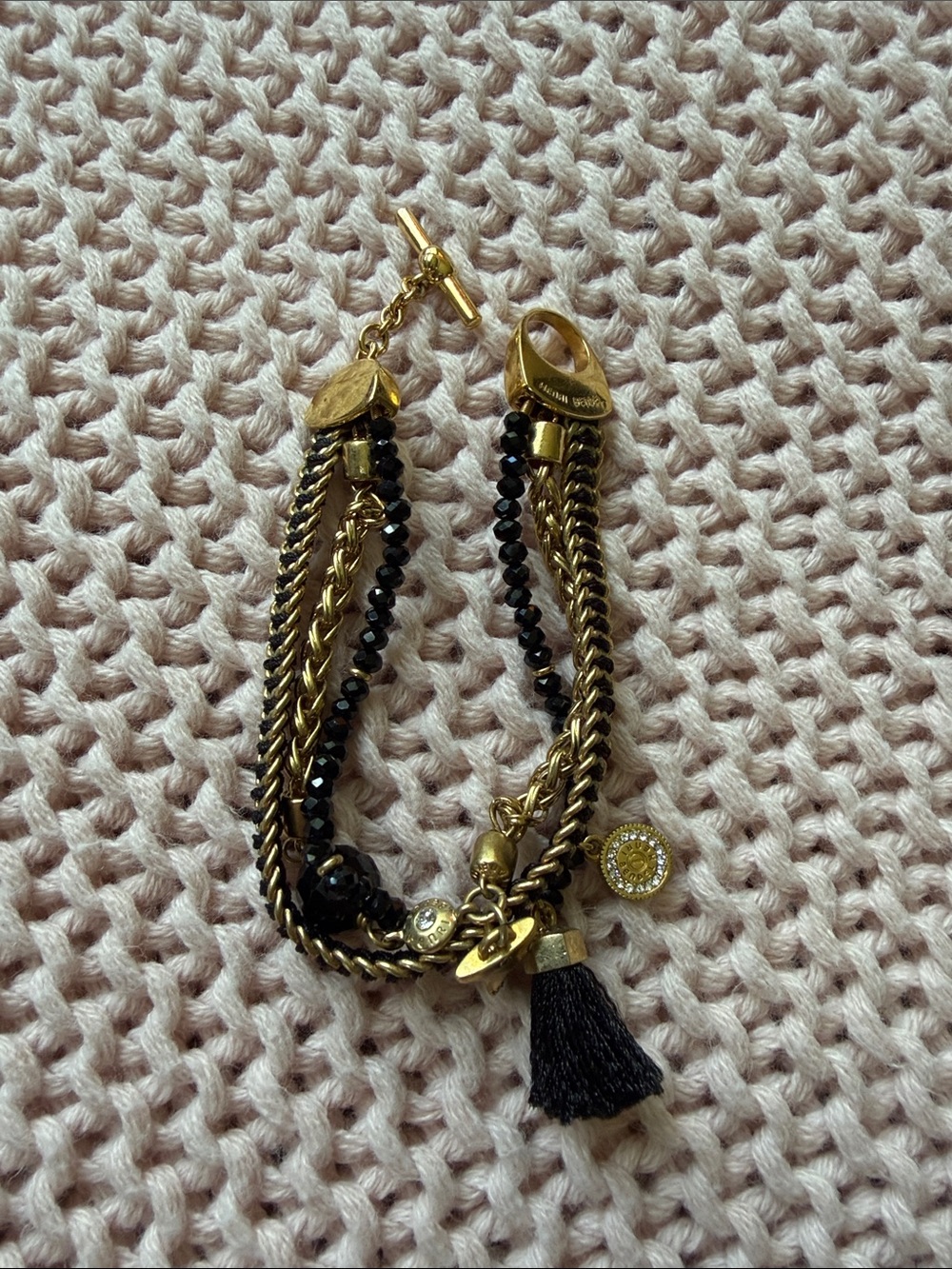 Henri Bendel Gold-Tone Toggle Charm Bracelet with Black Beads